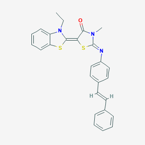 molecular formula C27H23N3OS2 B400683 5-(3-ethyl-1,3-benzothiazol-2(3H)-ylidene)-3-methyl-2-{[4-(2-phenylvinyl)phenyl]imino}-1,3-thiazolidin-4-one 