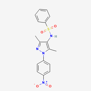 molecular formula C17H16N4O4S B4006906 N-[3,5-dimethyl-1-(4-nitrophenyl)-1H-pyrazol-4-yl]benzenesulfonamide 