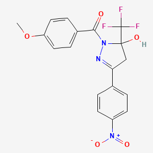 molecular formula C18H14F3N3O5 B4007075 1-(4-甲氧基苯甲酰)-3-(4-硝基苯基)-5-(三氟甲基)-4,5-二氢-1H-吡唑-5-醇 
