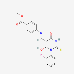 molecular formula C20H16FN3O4S B4007109 ethyl 4-({[1-(2-fluorophenyl)-4,6-dioxo-2-thioxotetrahydro-5(2H)-pyrimidinylidene]methyl}amino)benzoate 