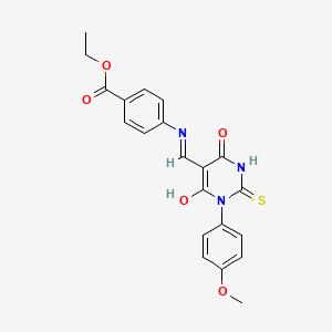 molecular formula C21H19N3O5S B4007176 ethyl 4-({[1-(4-methoxyphenyl)-4,6-dioxo-2-thioxotetrahydro-5(2H)-pyrimidinylidene]methyl}amino)benzoate 