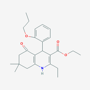 molecular formula C25H33NO4 B400736 Ethyl 2-ethyl-7,7-dimethyl-5-oxo-4-(2-propoxyphenyl)-1,4,5,6,7,8-hexahydroquinoline-3-carboxylate 