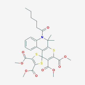 molecular formula C30H33NO9S3 B400740 Tetramethyl 6'-hexanoyl-5',5'-dimethyl-5',6'-dihydrospiro[1,3-dithiole-2,1'-thiopyrano[2,3-c]quinoline]-2',3',4,5-tetracarboxylate 