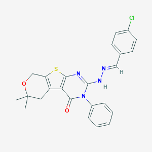 molecular formula C24H21ClN4O2S B400741 4-chlorobenzaldehyde (6,6-dimethyl-4-oxo-3-phenyl-3,5,6,8-tetrahydro-4H-pyrano[4',3':4,5]thieno[2,3-d]pyrimidin-2-yl)hydrazone 