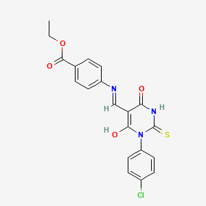 molecular formula C20H16ClN3O4S B4007464 ethyl 4-({[1-(4-chlorophenyl)-4,6-dioxo-2-thioxotetrahydro-5(2H)-pyrimidinylidene]methyl}amino)benzoate 