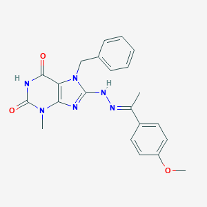 molecular formula C22H22N6O3 B400783 7-benzyl-8-{2-[1-(4-methoxyphenyl)ethylidene]hydrazino}-3-methyl-3,7-dihydro-1H-purine-2,6-dione 