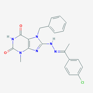 molecular formula C21H19ClN6O2 B400789 7-benzyl-8-{2-[1-(4-chlorophenyl)ethylidene]hydrazino}-3-methyl-3,7-dihydro-1H-purine-2,6-dione 