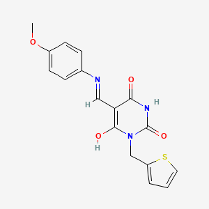 molecular formula C17H15N3O4S B4007946 5-{[(4-methoxyphenyl)amino]methylene}-1-(2-thienylmethyl)-2,4,6(1H,3H,5H)-pyrimidinetrione 