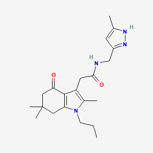 molecular formula C21H30N4O2 B4008045 N-[(3-methyl-1H-pyrazol-5-yl)methyl]-2-(2,6,6-trimethyl-4-oxo-1-propyl-4,5,6,7-tetrahydro-1H-indol-3-yl)acetamide 