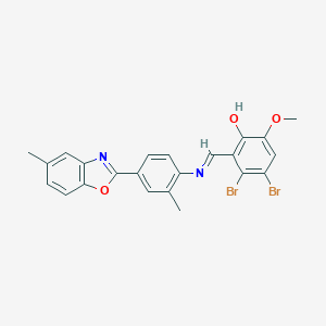 molecular formula C23H18Br2N2O3 B400876 3,4-Dibromo-6-methoxy-2-({[2-methyl-4-(5-methyl-1,3-benzoxazol-2-yl)phenyl]imino}methyl)phenol 