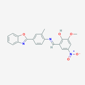 molecular formula C22H17N3O5 B400904 2-({[4-(1,3-Benzoxazol-2-yl)-2-methylphenyl]imino}methyl)-4-nitro-6-methoxyphenol 
