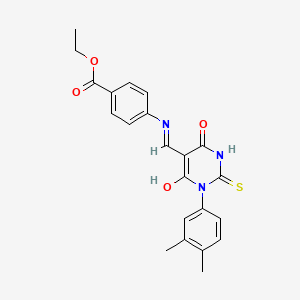 molecular formula C22H21N3O4S B4009119 ethyl 4-({[1-(3,4-dimethylphenyl)-4,6-dioxo-2-thioxotetrahydro-5(2H)-pyrimidinylidene]methyl}amino)benzoate 