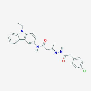 molecular formula C26H25ClN4O2 B400948 (3E)-3-{2-[(4-chlorophenyl)acetyl]hydrazinylidene}-N-(9-ethyl-9H-carbazol-3-yl)butanamide 