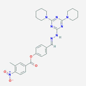 molecular formula C28H32N8O4 B400997 4-[(E)-{2-[4,6-di(piperidin-1-yl)-1,3,5-triazin-2-yl]hydrazinylidene}methyl]phenyl 3-methyl-4-nitrobenzoate 