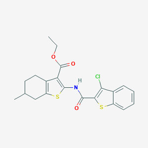 molecular formula C21H20ClNO3S2 B401004 Ethyl 2-{[(3-chloro-1-benzothien-2-yl)carbonyl]amino}-6-methyl-4,5,6,7-tetrahydro-1-benzothiophene-3-carboxylate 