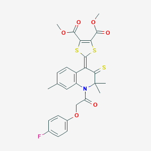 molecular formula C27H24FNO6S3 B401012 dimethyl 2-(1-[(4-fluorophenoxy)acetyl]-2,2,7-trimethyl-3-thioxo-2,3-dihydroquinolin-4(1H)-ylidene)-1,3-dithiole-4,5-dicarboxylate 