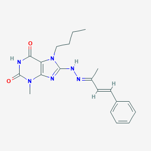 molecular formula C20H24N6O2 B401046 7-butyl-3-methyl-8-[2-(1-methyl-3-phenyl-2-propenylidene)hydrazino]-3,7-dihydro-1H-purine-2,6-dione 