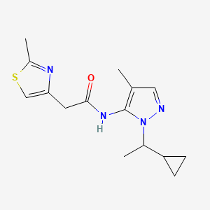 molecular formula C15H20N4OS B4010796 N-[1-(1-cyclopropylethyl)-4-methyl-1H-pyrazol-5-yl]-2-(2-methyl-1,3-thiazol-4-yl)acetamide 