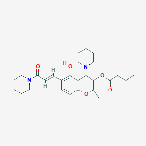 molecular formula C29H42N2O5 B401212 5-hydroxy-2,2-dimethyl-6-[3-oxo-3-(1-piperidinyl)-1-propenyl]-4-(1-piperidinyl)-3,4-dihydro-2H-chromen-3-yl 3-methylbutanoate 