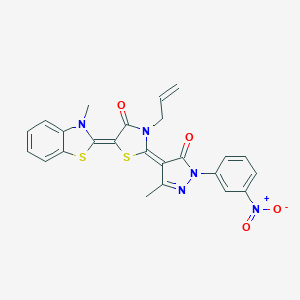 molecular formula C24H19N5O4S2 B401215 3-allyl-2-(1-{3-nitrophenyl}-3-methyl-5-oxo-1,5-dihydro-4H-pyrazol-4-ylidene)-5-(3-methyl-1,3-benzothiazol-2(3H)-ylidene)-1,3-thiazolidin-4-one 
