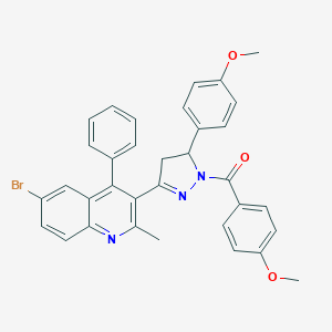 molecular formula C34H28BrN3O3 B401262 6-bromo-3-[1-(4-methoxybenzoyl)-5-(4-methoxyphenyl)-4,5-dihydro-1H-pyrazol-3-yl]-2-methyl-4-phenylquinoline 