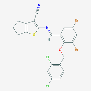 molecular formula C22H14Br2Cl2N2OS B401374 2-({3,5-dibromo-2-[(2,4-dichlorobenzyl)oxy]benzylidene}amino)-5,6-dihydro-4H-cyclopenta[b]thiophene-3-carbonitrile 