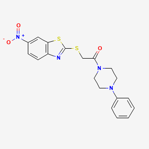 molecular formula C19H18N4O3S2 B4013909 6-nitro-2-{[2-oxo-2-(4-phenyl-1-piperazinyl)ethyl]thio}-1,3-benzothiazole 