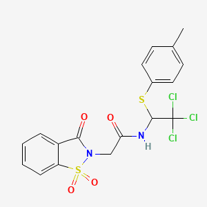 molecular formula C18H15Cl3N2O4S2 B4013963 2-(1,1-dioxido-3-oxo-1,2-benzisothiazol-2(3H)-yl)-N-{2,2,2-trichloro-1-[(4-methylphenyl)thio]ethyl}acetamide 