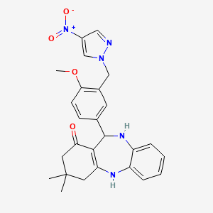 molecular formula C26H27N5O4 B4013998 11-{4-methoxy-3-[(4-nitro-1H-pyrazol-1-yl)methyl]phenyl}-3,3-dimethyl-2,3,4,5,10,11-hexahydro-1H-dibenzo[b,e][1,4]diazepin-1-one 