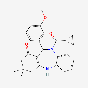 molecular formula C26H28N2O3 B4014471 10-(cyclopropylcarbonyl)-11-(3-methoxyphenyl)-3,3-dimethyl-2,3,4,5,10,11-hexahydro-1H-dibenzo[b,e][1,4]diazepin-1-one 