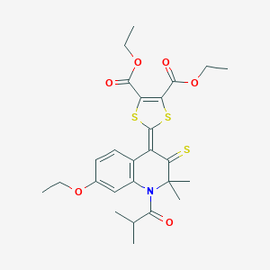 molecular formula C26H31NO6S3 B401472 Diethyl 2-[7-ethoxy-2,2-dimethyl-1-(2-methylpropanoyl)-3-sulfanylidenequinolin-4-ylidene]-1,3-dithiole-4,5-dicarboxylate CAS No. 303226-77-9