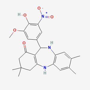 molecular formula C24H27N3O5 B4014769 11-(4-hydroxy-3-methoxy-5-nitrophenyl)-3,3,7,8-tetramethyl-2,3,4,5,10,11-hexahydro-1H-dibenzo[b,e][1,4]diazepin-1-one 