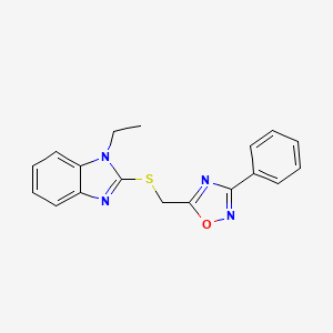 molecular formula C18H16N4OS B4015410 1-ethyl-2-{[(3-phenyl-1,2,4-oxadiazol-5-yl)methyl]thio}-1H-benzimidazole 