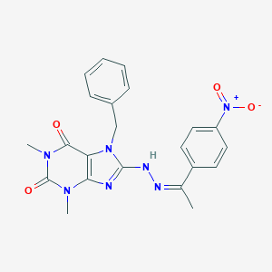 molecular formula C22H21N7O4 B401544 7-benzyl-8-[2-(1-{4-nitrophenyl}ethylidene)hydrazino]-1,3-dimethyl-3,7-dihydro-1H-purine-2,6-dione 