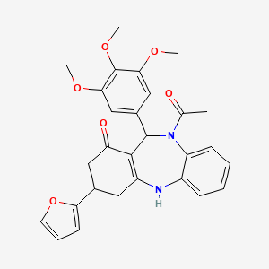 molecular formula C28H28N2O6 B4015510 10-acetyl-3-(2-furyl)-11-(3,4,5-trimethoxyphenyl)-2,3,4,5,10,11-hexahydro-1H-dibenzo[b,e][1,4]diazepin-1-one 