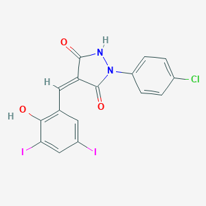 molecular formula C16H9ClI2N2O3 B401557 1-(4-Chlorophenyl)-4-(2-hydroxy-3,5-diiodobenzylidene)-3,5-pyrazolidinedione 