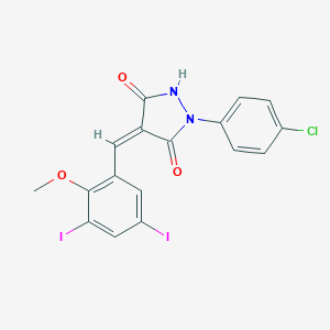 molecular formula C17H11ClI2N2O3 B401560 1-(4-Chlorophenyl)-4-(3,5-diiodo-2-methoxybenzylidene)-3,5-pyrazolidinedione 