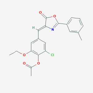 molecular formula C21H18ClNO5 B401567 2-chloro-6-ethoxy-4-[(2-(3-methylphenyl)-5-oxo-1,3-oxazol-4(5H)-ylidene)methyl]phenyl acetate 