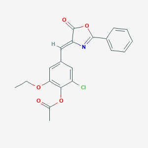 molecular formula C20H16ClNO5 B401589 2-chloro-6-ethoxy-4-[(5-oxo-2-phenyl-1,3-oxazol-4(5H)-ylidene)methyl]phenyl acetate 