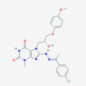 molecular formula C24H25ClN6O5 B401621 8-{2-[1-(4-chlorophenyl)ethylidene]hydrazino}-7-[2-hydroxy-3-(4-methoxyphenoxy)propyl]-3-methyl-3,7-dihydro-1H-purine-2,6-dione 