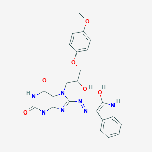 molecular formula C24H23N7O6 B401635 7-[2-hydroxy-3-(4-methoxyphenoxy)propyl]-3-methyl-8-[2-(2-oxo-1,2-dihydro-3H-indol-3-ylidene)hydrazino]-3,7-dihydro-1H-purine-2,6-dione 