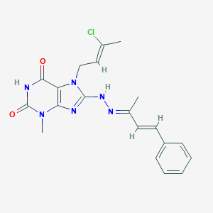molecular formula C20H21ClN6O2 B401642 7-(3-chloro-2-butenyl)-3-methyl-8-[2-(1-methyl-3-phenyl-2-propenylidene)hydrazino]-3,7-dihydro-1H-purine-2,6-dione 