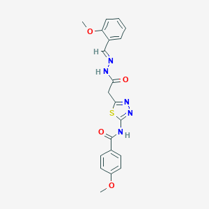 molecular formula C20H19N5O4S B401721 2-{5-[(4-Methoxybenzoyl)imino]-4,5-dihydro-1,3,4-thiadiazol-2-yl}-N-[(2-methoxyphenyl)methylidene]ethanehydrazonic acid CAS No. 5601-24-1