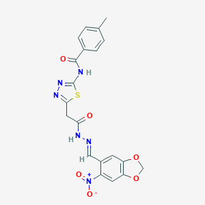 molecular formula C20H16N6O6S B401725 N-(5-{2-[2-({6-nitro-1,3-benzodioxol-5-yl}methylene)hydrazino]-2-oxoethyl}-1,3,4-thiadiazol-2-yl)-4-methylbenzamide 