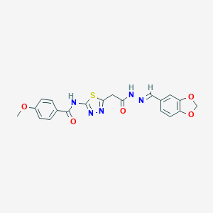 molecular formula C20H17N5O5S B401727 N-(5-{2-[2-(1,3-benzodioxol-5-ylmethylene)hydrazino]-2-oxoethyl}-1,3,4-thiadiazol-2-yl)-4-methoxybenzamide 