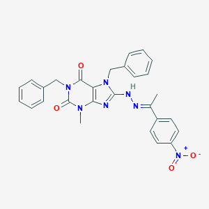 molecular formula C28H25N7O4 B401779 1,7-dibenzyl-8-[2-(1-{4-nitrophenyl}ethylidene)hydrazino]-3-methyl-3,7-dihydro-1H-purine-2,6-dione 