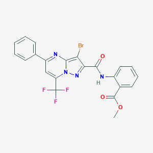 molecular formula C22H14BrF3N4O3 B401801 Methyl 2-({[3-bromo-5-phenyl-7-(trifluoromethyl)pyrazolo[1,5-a]pyrimidin-2-yl]carbonyl}amino)benzoate 