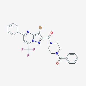 molecular formula C25H19BrF3N5O2 B401804 3-Bromo-5-phenyl-2-{[4-(phenylcarbonyl)piperazin-1-yl]carbonyl}-7-(trifluoromethyl)pyrazolo[1,5-a]pyrimidine 