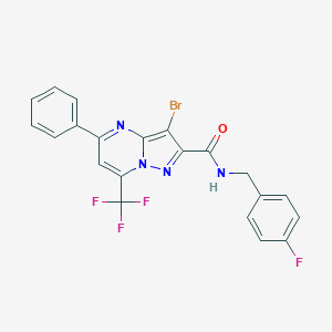 molecular formula C21H13BrF4N4O B401811 3-bromo-N-[(4-fluorophenyl)methyl]-5-phenyl-7-(trifluoromethyl)pyrazolo[1,5-a]pyrimidine-2-carboxamide 