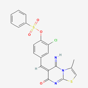 molecular formula C20H14ClN3O4S2 B4018855 2-chloro-4-[(5-imino-3-methyl-7-oxo-5H-[1,3]thiazolo[3,2-a]pyrimidin-6(7H)-ylidene)methyl]phenyl benzenesulfonate 